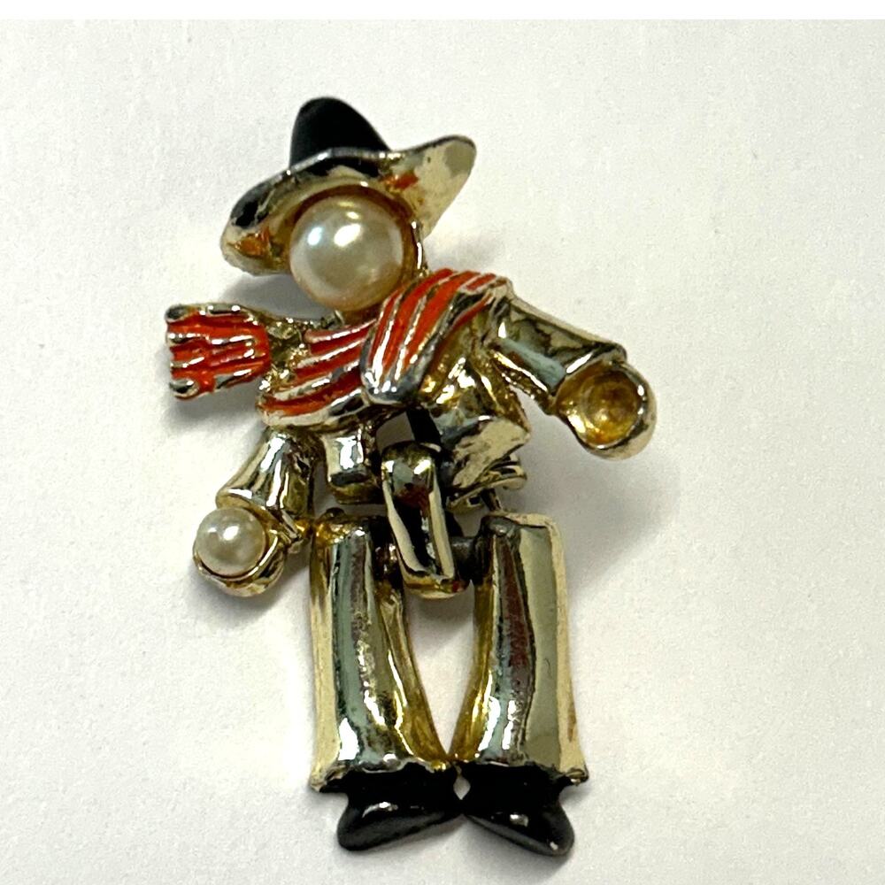 Vintage‎ Mariachi Man Articulated Enamel Faux Pearl Brooch Pin